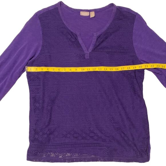 CHICO'S Top Size 3 Purple Lace Overlay Boho Pullover Festival 3/4 Sleeves - Picture 3 of 6
